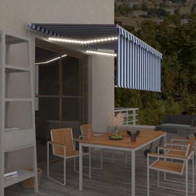 vidaXL Χειροκίνητη τέντα με ηλιακό LED 3 x 2,5 m Μπλε και Λευκή Ράβδος