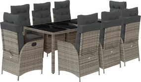 vidaXL Σετ Τραπεζαρίας Κήπου 9 τεμ. Γκρι Συνθ. Ρατάν με Μαξιλάρια