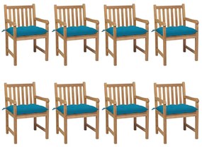 Καρέκλες Κήπου 8 τεμ. από Μασίφ Ξύλο Teak με Γαλάζια Μαξιλάρια