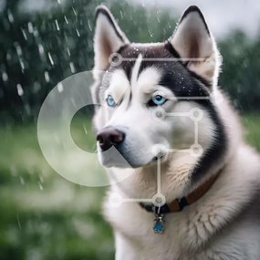 Intra Συλλεκτικό Ξύλινο Παζλ Plywood  4mm - Λευκό και μαύρο γεροδεμένο σκυλί με μπλε μάτια στη βροχή Σε Ξύλινο Κουτί - Διαστάσεις: 10x10 cm – 25 κομμάτια