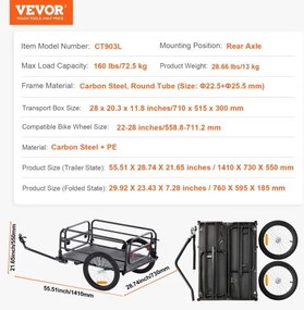 VEVOR Bike Cargo Trailer, 160 lbs Load Capacity, Heavy-Duty Bicycle Wagon Cart, Foldable Compact Storage &amp; Quick Release with Universal Hitch, 16&quot; Wheels, Safe Reflectors, Fits 22&quot;-28&quot; Bike Wheels