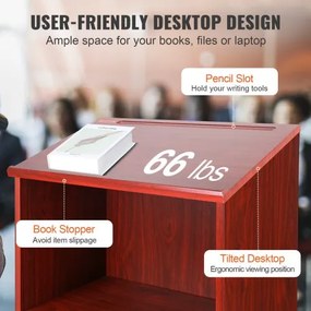 VEVOR Podium Stand, 47 in Hostess Stand with 4 Rolling Wheels, Wood Podium with Storage Shelves, and Slant Desktop, Lecterns &amp; Podiums for Church, Office, School, Home, Brown
