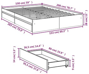 Πλαίσιο Κρεβατιού με Συρτάρια Καφέ Δρυς 150x200εκ. Επεξ. Ξύλο - Καφέ