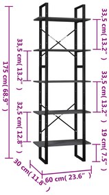 vidaXL Βιβλιοθήκη με 5 Ράφια Γκρι 60 x 30 x 175 εκ. από Ξύλο Πεύκου