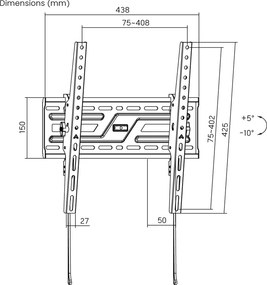 POWERTECH επιτοίχια βάση τηλεόρασης PT-1372, 32-75", έως 75kg, ρυθμιζόμενη κλίση