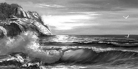 Εικόνα θαλάσσιων κυμάτων στην ακτή σε ασπρόμαυρο - 120x60