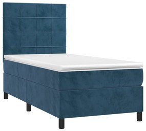 Κρεβάτι Boxspring με Στρώμα &amp; LED Σκ. Μπλε 90x190 εκ. Βελούδινο - Μπλε