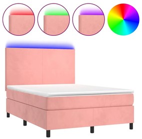 vidaXL Κρεβάτι Boxspring με Στρώμα & LED Ροζ 140x200 εκ. Βελούδινο