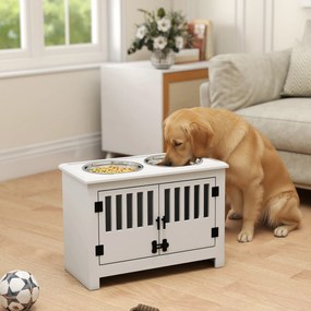 PawHut Ανυψωμένος Σταθμός Τροφοδοσίας για Μεγάλα Σκυλιά, 2 Ανοξείδωτα Μπολ, Χώρος Αποθήκευσης, 35,5x60x30 cm, Λευκό