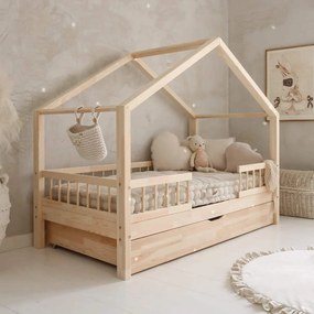 Κρεβάτι Παιδικό Montessori HouseBed Bello Plus με Αφαιρούμενα Κάγκελα 23cm  + Συρτάρι σε Φυσικό  Ξύλο  100×200cm  Luletto (Δώρο 10% έκπτωση στο Στρώμα)