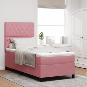 vidaXL Κρεβάτι Box Spring με Μαξιλάρι & LED Ροζ 90x190 εκ Βελούδινο