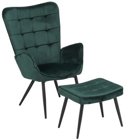 Πολυθρόνα Maddison με υποπόδιο-μαξιλάρι pakoworld σκούρο πράσινο βελούδο-πόδι φυσικό 68x72x98εκ