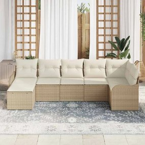 vidaXL Σετ Καναπέ Κήπου με μαξιλάρι 7 pcs Μπεζ και λευκό Πολυ ράταν
