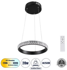 DIAMOND 61126 Κρεμαστό Φωτιστικό Δαχτυλίδι-Κύκλος LED CCT 20W 2356lm 360° AC 220-240V - Εναλλαγή Φωτισμού μέσω Τηλεχειριστηρίου All In One