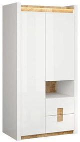 Ντουλάπα Boston BH106, Westminster δρυς, Γυαλιστερό λευκό, 201x102x60cm, Πόρτες ντουλάπας: Με μεντεσέδες
