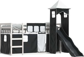 vidaXL Κουκέτα με Τσουλήθρα και Κουρτίνες Λευκή και Μαύρη 90x190 εκ.