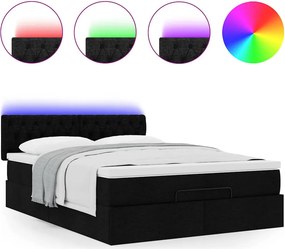 vidaXL Οθωμανικό κρεβάτι με στρώμα &amp; LEDs Μαύρο 140x200 cm Ύφασμα