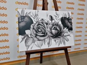 Φωτογραφίστε τον γοητευτικό συνδυασμό λουλουδιών και φύλλων σε μαύρο και άσπρο - 90x60