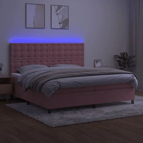 vidaXL Κρεβάτι Boxspring με Στρώμα & LED Ροζ 200x200 εκ. Βελούδινο