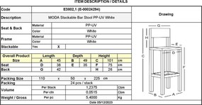 MODA Σκαμπό Bar-Pro Στοιβαζόμενο, PP-UV Protection Απόχρωση Άσπρο   1τμχ
