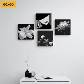 Σετ εικόνων κομψότητας γυναίκας και λουλουδιών σε ασπρόμαυρο σχέδιο - 4x 60x60
