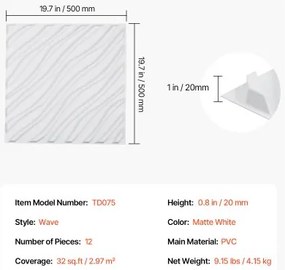 VEVOR 3D Wall Panels 12-Pack 19.7x19.7&#039;&#039; PVC 32 Sq.Ft Coverage Wave Matte White