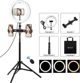 Ring Light Puluz 10.2" 26cm με Τρίποδο Δαπέδου 1.65cm και Βάση για 3 Κινητά