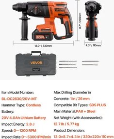 VEVOR 20V SDS-Plus Brushless Cordless Rotary Hammer Drill Kit 1200RPM 4 Function