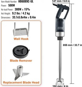 VEVOR Commercial Immersion Blender Heavy Duty Hand Mixer 500W Variable Speed