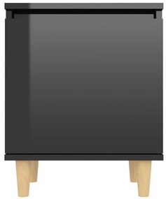 Κομοδίνο Γυαλιστερό Μαύρο 40 x 30 x 50 εκ με Μασίφ Ξύλινα Πόδια - Μαύρο