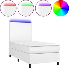 vidaXL Κρεβάτι Boxspring με Στρώμα &amp; LED Λευκό 90x190 εκ. Συνθ. Δέρμα