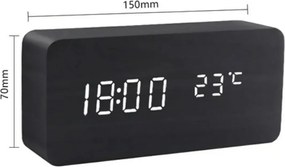 Επιτραπέζιο Ξύλινο Ψηφιακό Ρολόι με οθόνη LED, Ξυπνητήρι, Θερμόμετρο - Μαύρο