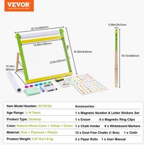VEVOR 3-in-1 Tabletop Kids Art Easel Double-Sided Magnetic Whiteboard Chalkboard