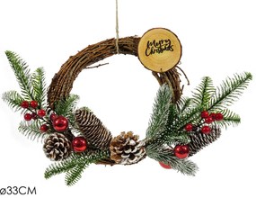 Χριστουγεννιάτικη Πόρτα Στεφάνι Με Φιόγκο Και Κόκκινα Στολίδια Φ33cm