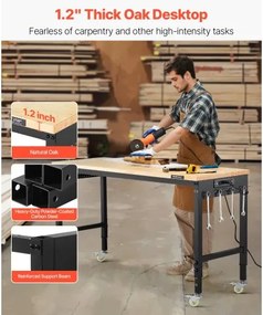 VEVOR 60" Workbench on Wheels Adjustable Height Table with Power Outlet &amp; Pegboard