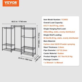 VEVOR Heavy Duty Clothes Rack, Rolling Clothing Garment Rack with 4 Hang Rods &amp; 8 Storage Tiers, Adjustable Custom Closet Rack, Freestanding Wardrobe for Hanging Clothes, 800 lbs Load Capacity