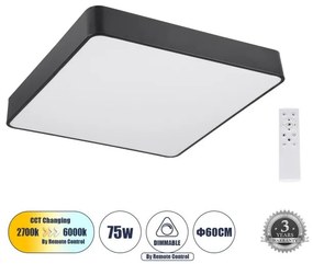 Πλαφονιέρα Φωτιστικό Οροφής Τετράγωνη LED CCT 75W 8625lm KAMALA Globostar-61208-1-Μαύρο 61208-1