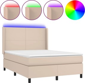 vidaXL Κρεβάτι Boxspring Στρώμα&amp;LED Καπουτσίνο 140x190 εκ. Συνθ. Δέρμα