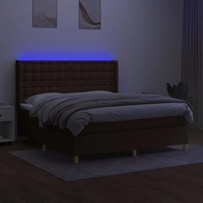 Κρεβάτι Boxspring με Στρώμα &amp; LED Σκ.Καφέ 160x200εκ. Υφασμάτινο  - Καφέ