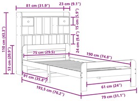 Κρεβάτι Βιβλιοθήκη Χωρίς Στρώμα 75x190 εκ Μασίφ Ξύλο Πεύκο - Καφέ