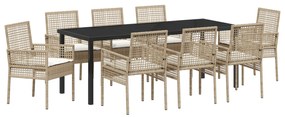 vidaXL Σετ Τραπεζαρίας Κήπου 9 Τεμαχίων με Μαξιλάρια Μπεζ Πολυ Ρατάν