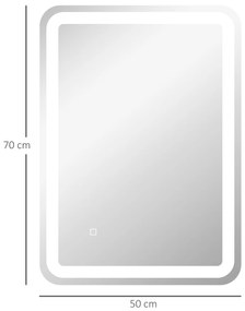 HOMCOM Καθρέφτης μπάνιου, φωτιζόμενος, έλεγχος αφής, αντιθαμβωτικός, ρυθμιζόμενος, 3 χρώματα φωτισμού, 50x70, Ασημί