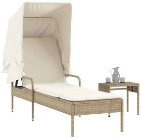vidaXL Ξαπλώστρα Μπεζ Συνθετικό Ρατάν με Σκίαστρο και Τραπεζάκι