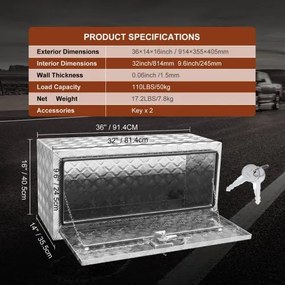 VEVOR Underbody Truck Box, 36&quot;×14&quot;×16&quot; Pickup Storage Box, Heavy Duty Aluminum Diamond Plate Tool Box with Lock and Keys, Waterproof Trailer Storage Box with T-Handle Latch for Truck, Van, Trailer