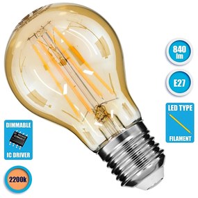 Λάμπα E27 A60 LED Filament 8W 840lm Edison, Μελί Γυαλί Ultra Θερμό Λευκό 2200K Dimmable