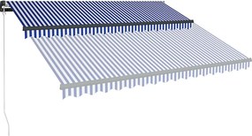 vidaXL Χειροκίνητη τέντα με ηλιακό LED 4 x 3 m Μπλε και Λευκή Ράβδος