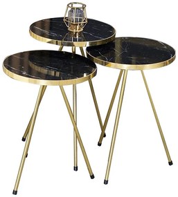 Side tables Weber set of 3 pieces black marble-golden 34x34x52 εκ.