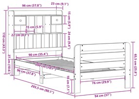 Κρεβάτι Βιβλιοθήκη Χωρίς Στρώμα 90x200 εκ. Μασίφ Ξύλο Πεύκου - Καφέ
