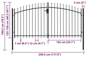 vidaXL Καγκελόπορτα Διπλή με Ακίδες Μαύρη 3 x 1,5 μ. Ατσάλινη