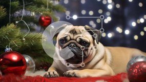 Intra Συλλεκτικό Ξύλινο Παζλ Plywood  4mm - Pug Dog δίπλα στο Χριστουγεννιάτικο δέντρο Σε Ξύλινο Κουτί - Διαστάσεις: 10x10 cm – 25 κομμάτια
